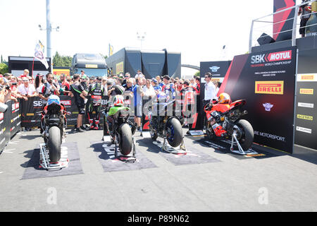 Misano Adriatico, Italy. 08th July, 2018. Moto podium during the Motul FIM Superbike Championship - Italian Round Sunday race during the World Superbikes - Circuit PIRELLI Riviera di Rimini Round, 6 - 8 July 2018 on Misano, Italy. Credit: Fabio Averna/Pacific Press/Alamy Live News Stock Photo