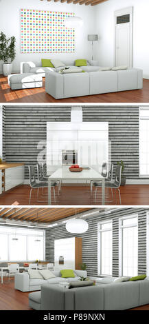 Three views of modern interior loft design Stock Photo - Alamy