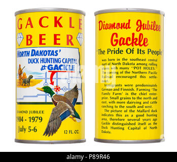 The front and back of a beer can commemorating Gackle, North Dakota's 1979 Diamond Jubilee celebration.  The beer was brewed by the August Schell Brew Stock Photo