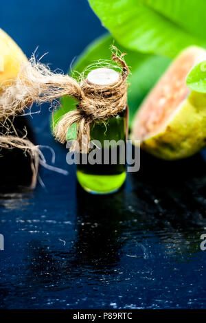 Green colored Floral and fruit essence of Guava or Jamrudh or Psidium guajava or common red guava with its fresh leaves and organic fruit on black woo Stock Photo