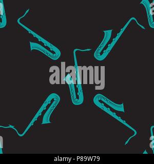 Jazz concept. Saxophone. Seamless pattern. Green elements. Black background Rotate 45 degrees Stock Vector