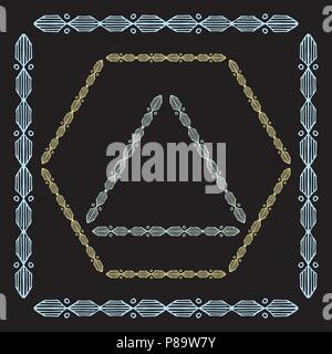 Set of colored decorative ornamental border with corner. Triangular, quadrangular, hexagonal frames. Black background. For children, women, wedding holiday Stock Vector
