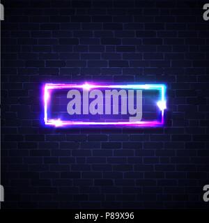 Realistic led neon lights frame. Rectangle signage with glowing. Electric bright 3d street sign banner on dark brick background wall. Abstract square lamp with neon light. Vintage vector illustration. Stock Vector