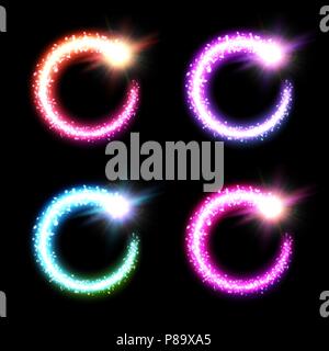 Holiday light background elements set on black backdrop. Decorative abstract circles frame pack. Christmas colorful magic round comets collection with glitter trail tail. Bright vector illustration. Stock Vector