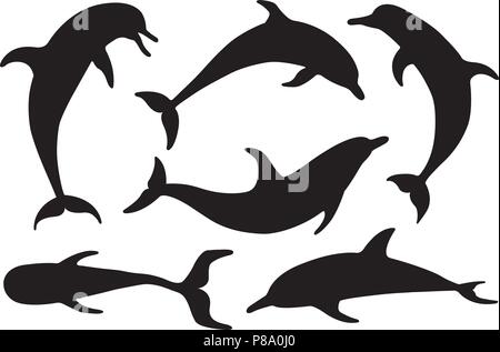Set of dolphin silhouettes isolated on white Stock Vector