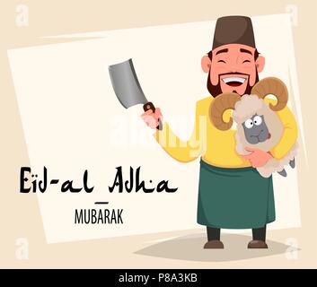 Muslim traditional holiday Eid al-Adha. Sacrifice a ram. Greeting card for Kurban Bayrami with Arabic man holding ram. Vector illustration Stock Vector