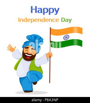 Happy Independence Day India. Greeting card, flyer or poster with smiling Sikh man holding national flag. Vector illustration Stock Vector