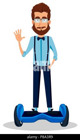Young bearded hipster man in glasses. Handsome cartoon character riding a gyroscooter. Vector illustration on white background. Stock Vector