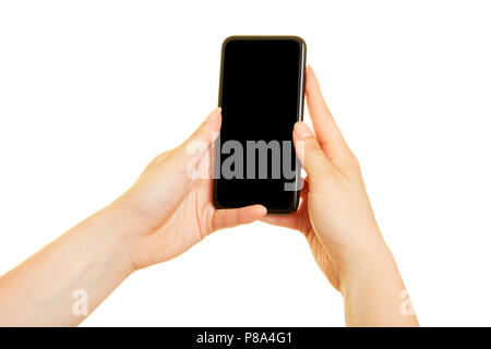 Two female hands are holding a smartphone as app design mockup Stock Photo