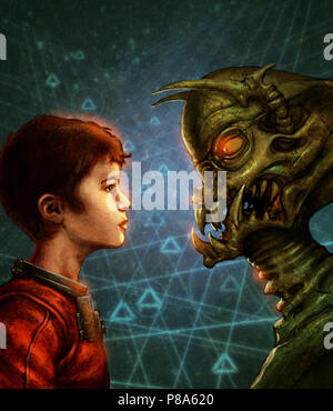 A boy in a spacesuit facing an alien humanoid Stock Photo
