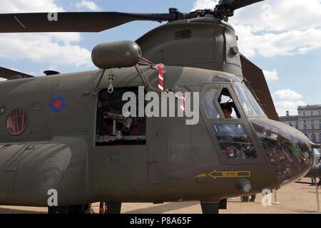 Close-up of the front of a Boeing Chinook HC6A  heavy-lift helicopter, on display at Horse Guards Parade, as part of RAF 100 Centenary Celebration Stock Photo