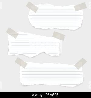 Set of three torn lined papers with glued corners with adhesive tape - vector Stock Vector