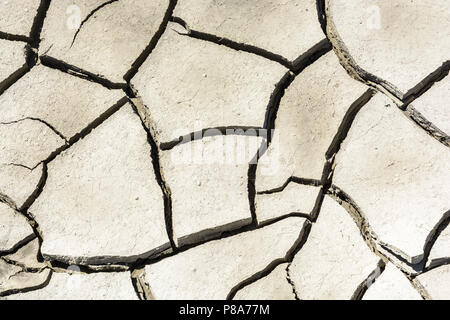Overhead view of the patterns of a cracked dry grey earth. Stock Photo