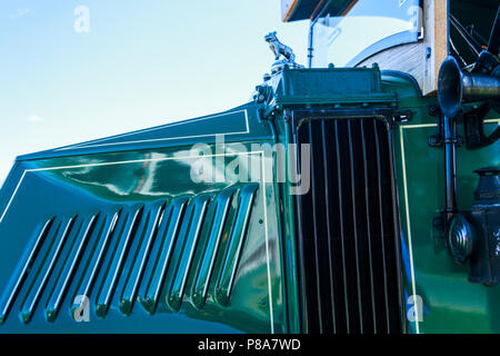 Beautifully-restored 1920s (1926?) Mack Truck detail, showing Bulldog and louvered engine hood, Carlisle, PA 2018 Stock Photo