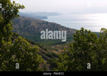 Mountain coast of the sea with hills and trees. A beautiful horizon, where the sea meets the sky . For your design Stock Photo