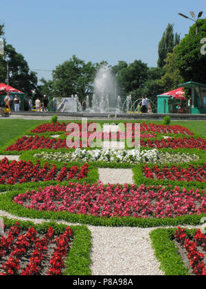 a flower alley with bright flower beds and a large fountain in a green park under a blue cloudless sky. place for rest and walking . For your design Stock Photo