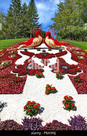 a gorgeous flowerbed in a park of various red flowers that form two birds on a white background . For your design Stock Photo