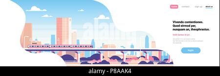 Subway over city skyscraper view cityscape background skyline flat banner copy space Stock Vector