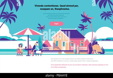 man woman couple drinking wine umbrella summer vacation surf board on beach villa house tropical island flat copy space horizontal Stock Vector