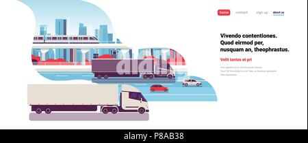 semi truck trailers driving highway road cars lorry over city background delivery cargo concept flat copy space horizontal Stock Vector