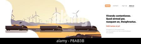Black semi truck trailers driving road countryside wind turbines landscape banner copy space Stock Vector