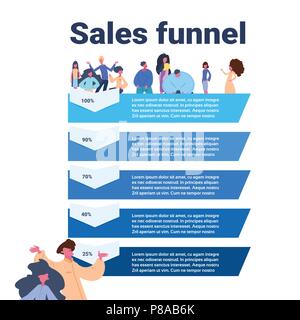 sales funnel with people portrait stages business infographic purchase diagram concept over white background copy space flat design Stock Vector