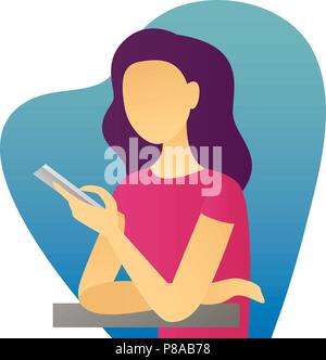 The vector illustration of young cartoon girl writing message on her mobile phone for ui, web games, tablets Stock Vector