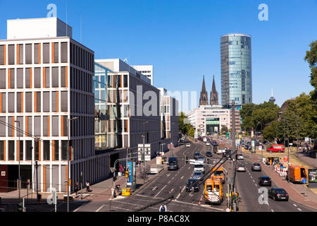 Germany, Cologne, building of the credit insurer Atradius in the district Deutz, view to the cathedral and the LVR tower, Opladener Street.  Deutschla Stock Photo