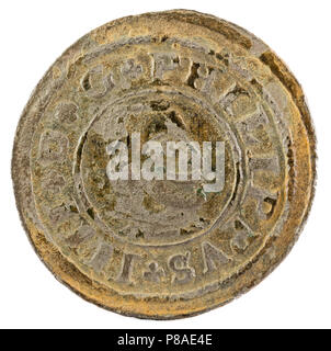 Ancient Spanish copper coin of King Felipe IV. 1663. Coined in Segovia. !6 Maravedis. Obverse. Stock Photo