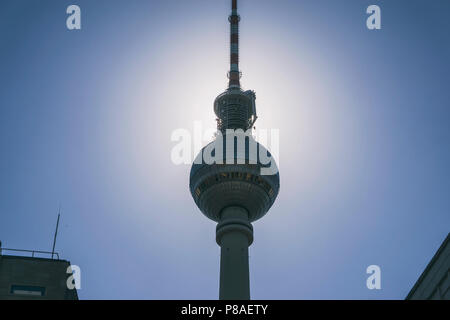 Berlin, Germany, May 08, 2018: Close-Up of Silhouette of Television Tower of Berlin Stock Photo
