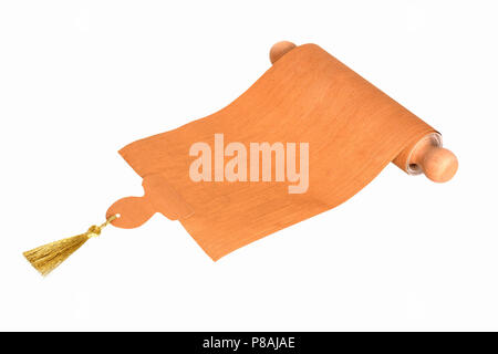 Ancient scroll parchment with wooden handle and tassel, isolated Stock Photo