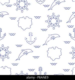 Seamless pattern with dolphins, anchors, steering wheels, waves, islands. Summer leisure. Stock Vector