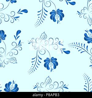 Blue floral textile vector seamless pattern in Russian gzhel style Stock Vector