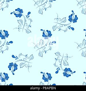 Blue floral textile vector seamless pattern in Russian gzhel style Stock Vector