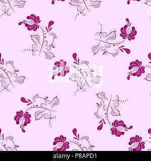 pink floral textile vector seamless pattern in Russian gzhel style Stock Vector