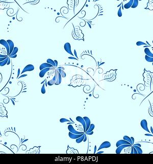Blue floral textile vector seamless pattern in Russian gzhel style Stock Vector