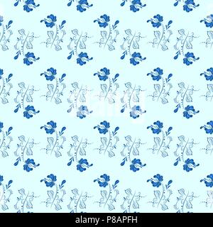 Blue floral textile vector seamless pattern in Russian gzhel style Stock Vector