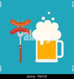 Beer mug with foam and sausage on a fork. Sausage on barbecue fork. Grilled sausage. Vector illustration flat design. Isolated. Stock Vector