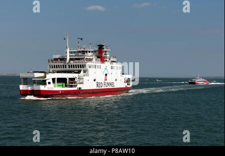 A roro ferry Red Osprey inbound to Southampton on Southampton Water, S.  England, UK. The vessel operates between the mainland and the Isle of Wight. Stock Photo
