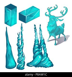 The set of cubes of ice and products in the form of a deer and abstract shapes isolated on white background. Stage of the making of iced Christmas decorations. Vector illustration. Stock Vector