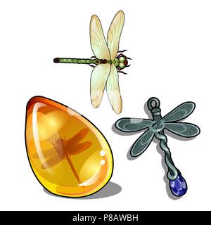 Set of vintage objects and jewelry on the theme of dragonflies isolated on a white background. Insect in amber. Vector cartoon close-up illustration. Stock Vector