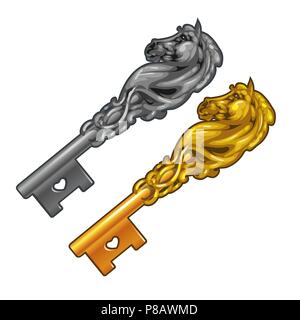 Set of vintage fancy keys in the form of a horse head isolated on white background. Vector cartoon close-up illustration. Stock Vector