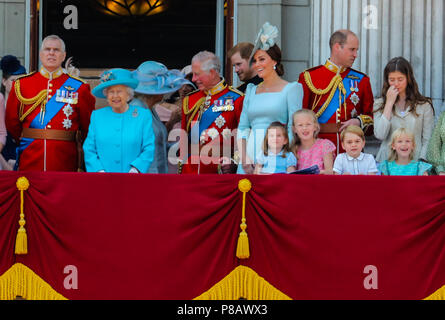 Trooping the Colour 2018: The Queen's Birthday Parade at The Mall  Featuring: Prince Andrew, Andrew Duke of York, Queen Elizabeth II, Prince Charles, Charles Prince of Wales, Harry Duke of Sussex, Prince Harry, Catherine Duchess of Cambridge, Catherine Middleton, Kate Middleton, Princess Charlotte of Cambridge, Savannah Phillips, Prince William, William Duke of Cambridge, Prince George of Cambridge, Isla Phillips Where: London, United Kingdom When: 09 Jun 2018 Credit: John Rainford/WENN Stock Photo