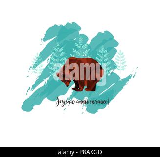 The Greeting Card with Low Poly Brown Bear and Trees on Background. Text in French: Joyeux Anniversaire - in English Happy Birthday. Stock Vector