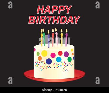 an illustration of a colorful decorated birthday cake with lighted candles on a red plate on a black background Stock Vector