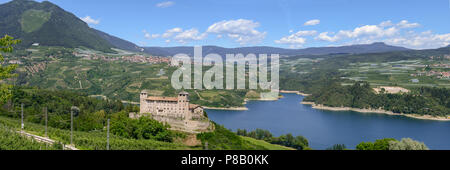 View at Cles Castle and lake of Santa Giustina on Non valley, Dolomites, Italy Stock Photo
