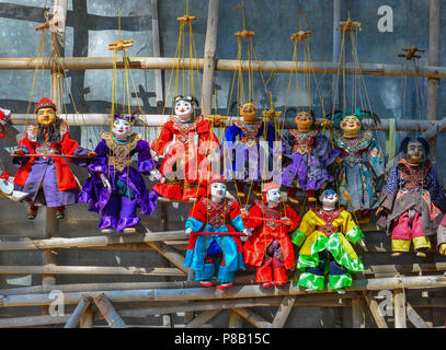 Traditional handicraft puppets for sale in Bagan, Myanmar. Stock Photo