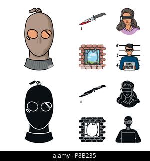 A thief in a mask, a bloody knife, a hostage, an escape from prison.Crime set collection icons in cartoon,black style vector symbol stock illustration Stock Vector