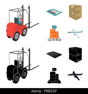 Forklift, delivery slips, packaged goods, cargo on weighing scales. Logistics and delivery set collection icons in cartoon,black style isometric vecto Stock Vector
