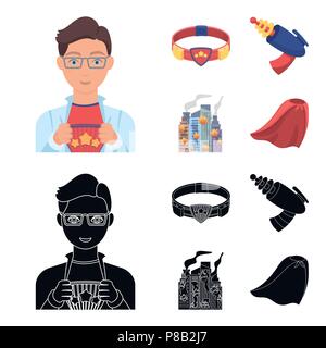 Man, young, glasses, and other  icon in cartoon,black style. Superman, belt, gun icons in set collection. Stock Vector